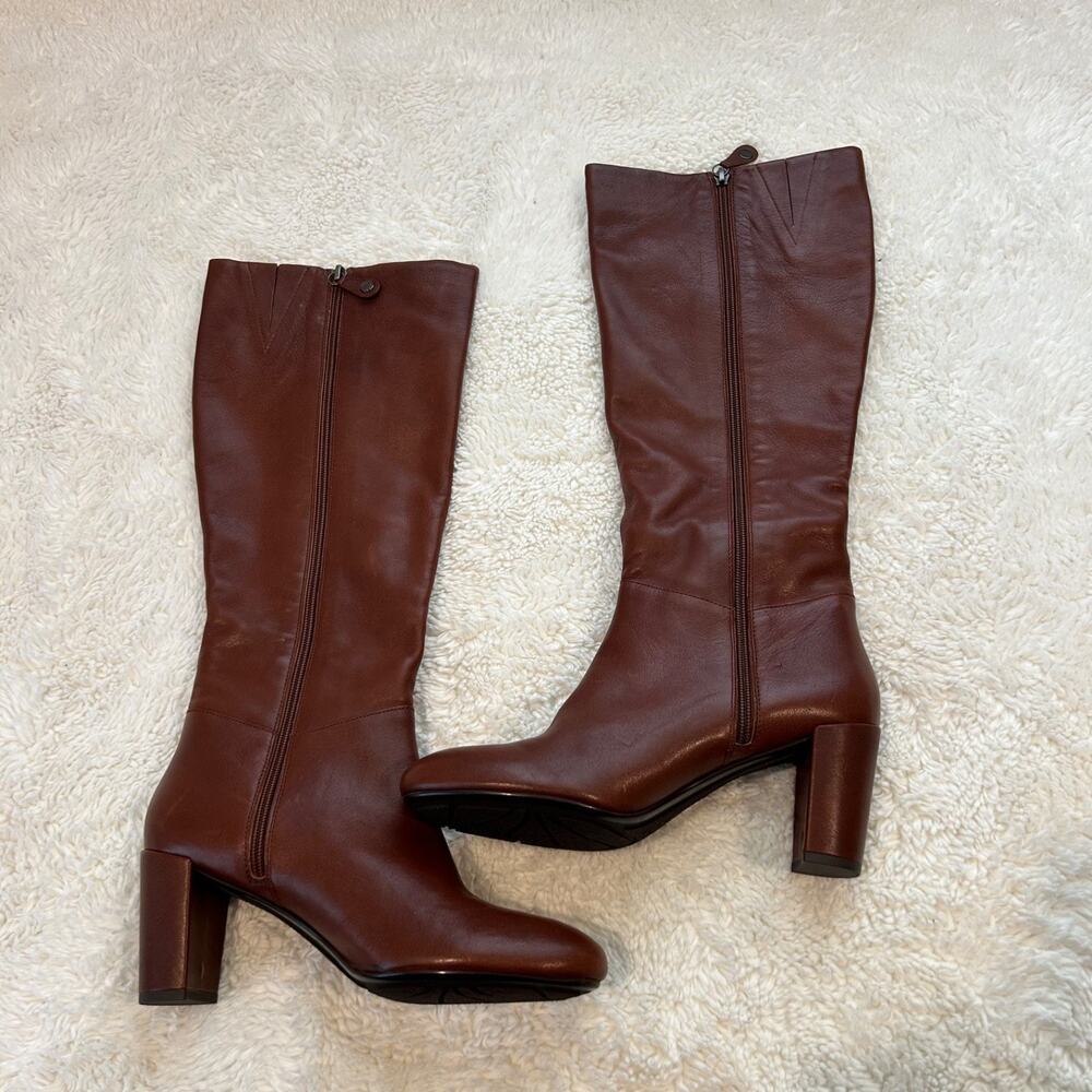 Geox Womens VTG Brown Leather Knee High Heel Boots Boho Chic Western Cowboy 9
